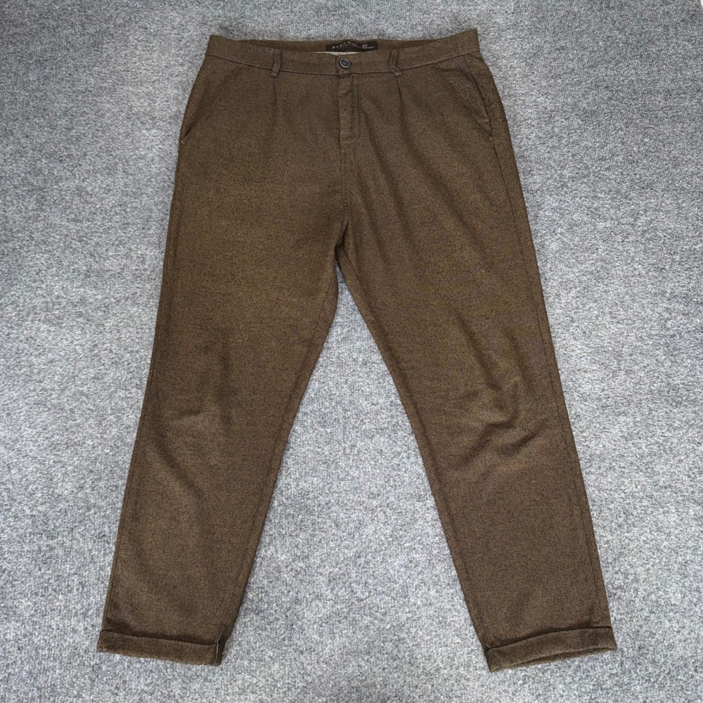 Zara Man Brown Textured Tapered Trousers Cuffed Hem 35x25 Slim Fit Chinos